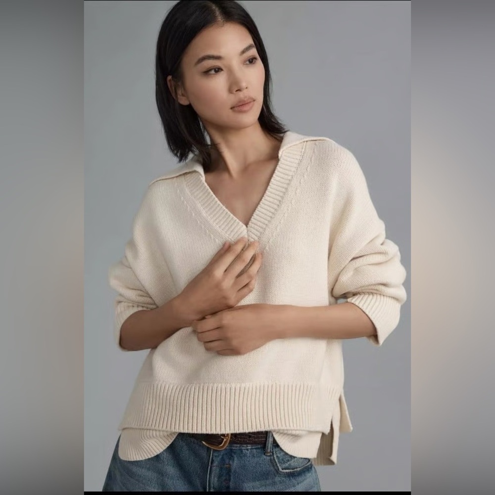 Maeve by Anthropologies Cream Layered Polo Sweater Size Small
